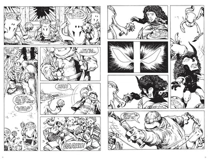 A black and white comic book page featuring multiple illustrated panels with action scenes, speech bubbles, and expressive character drawings.