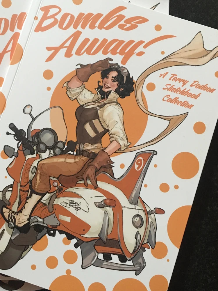 A book or comic cover titled "Bombs Away!" featuring an illustrated woman riding a futuristic orange and white vehicle, with orange polka dots on a white background.