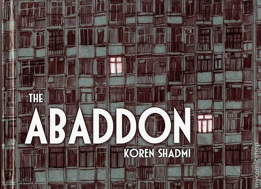 Book cover for 'The Abaddon' by Koren Shadmi, featuring a detailed illustration of a dense apartment building facade in muted teal, brown, and dark red tones, with the title in large white text across the center.