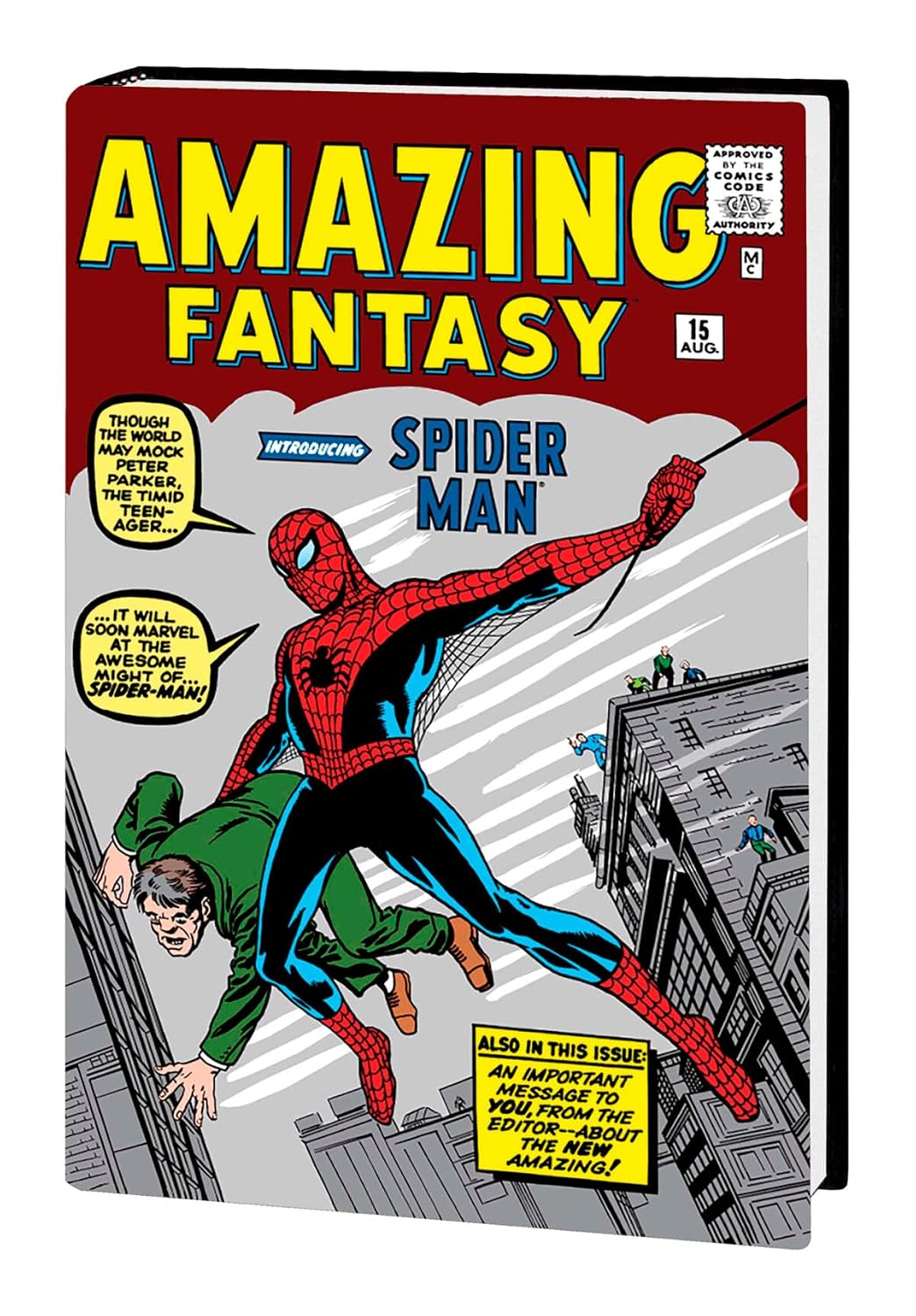 Book cover of 'Amazing Fantasy' introducing Spider-Man with a red and yellow title.