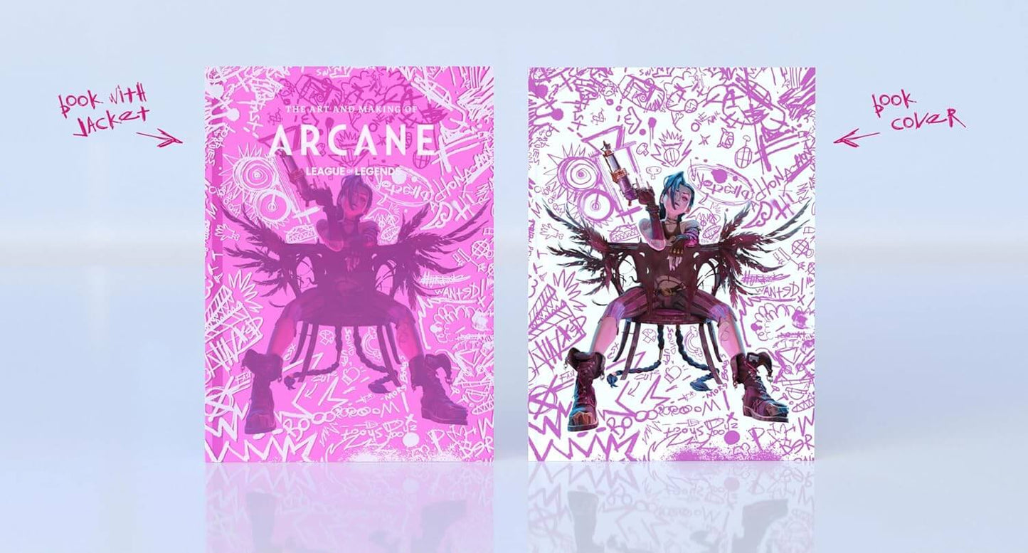 Two illustrated book covers or art prints displayed side by side on a pale blue gradient background. The left cover is predominantly pink with a dark fantasy figure and the title 'ARCANE' visible.