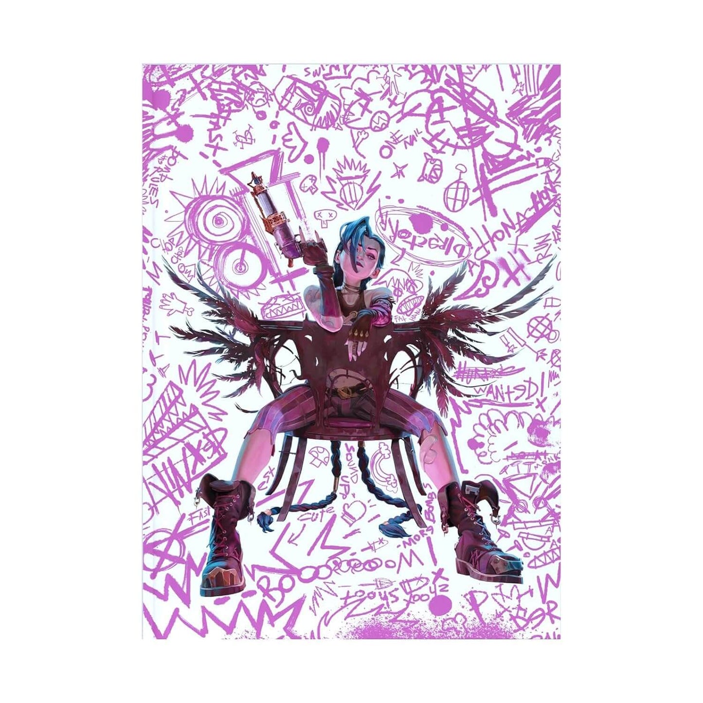A vertical art print featuring an anime-style illustration of a character with blue hair, seated on a chair with wings, surrounded by graffiti doodles in purple and pink on a white background.
