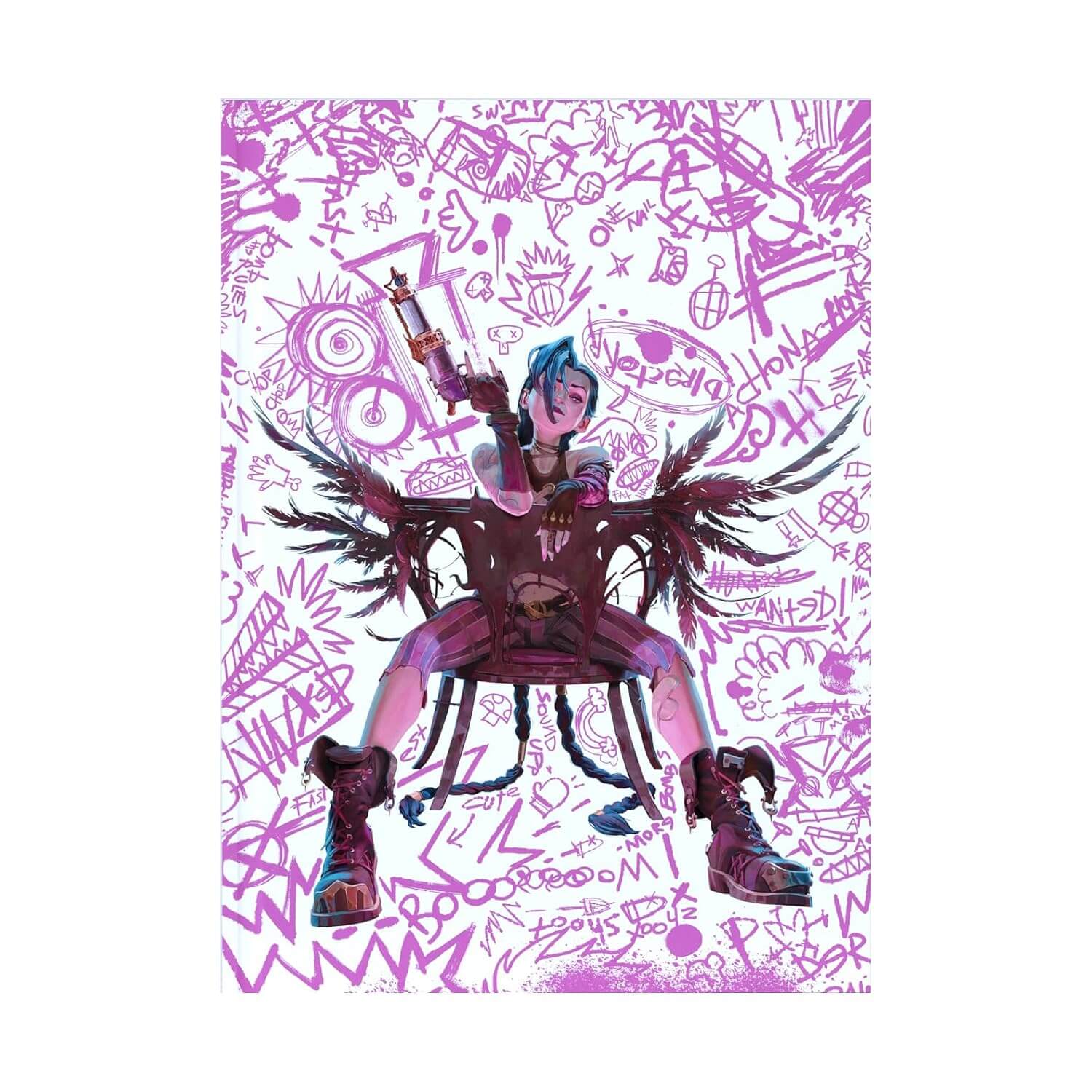 A vertical art print featuring an anime-style illustration of a character with blue hair, seated on a chair with wings, surrounded by graffiti doodles in purple and pink on a white background.