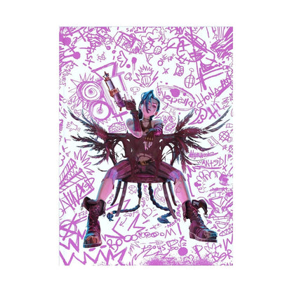 A vertical art print featuring an anime-style illustration of a character with blue hair, seated on a chair with wings, surrounded by graffiti doodles in purple and pink on a white background.