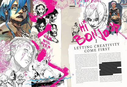 Comic book cover with character illustrations and text on a beige background