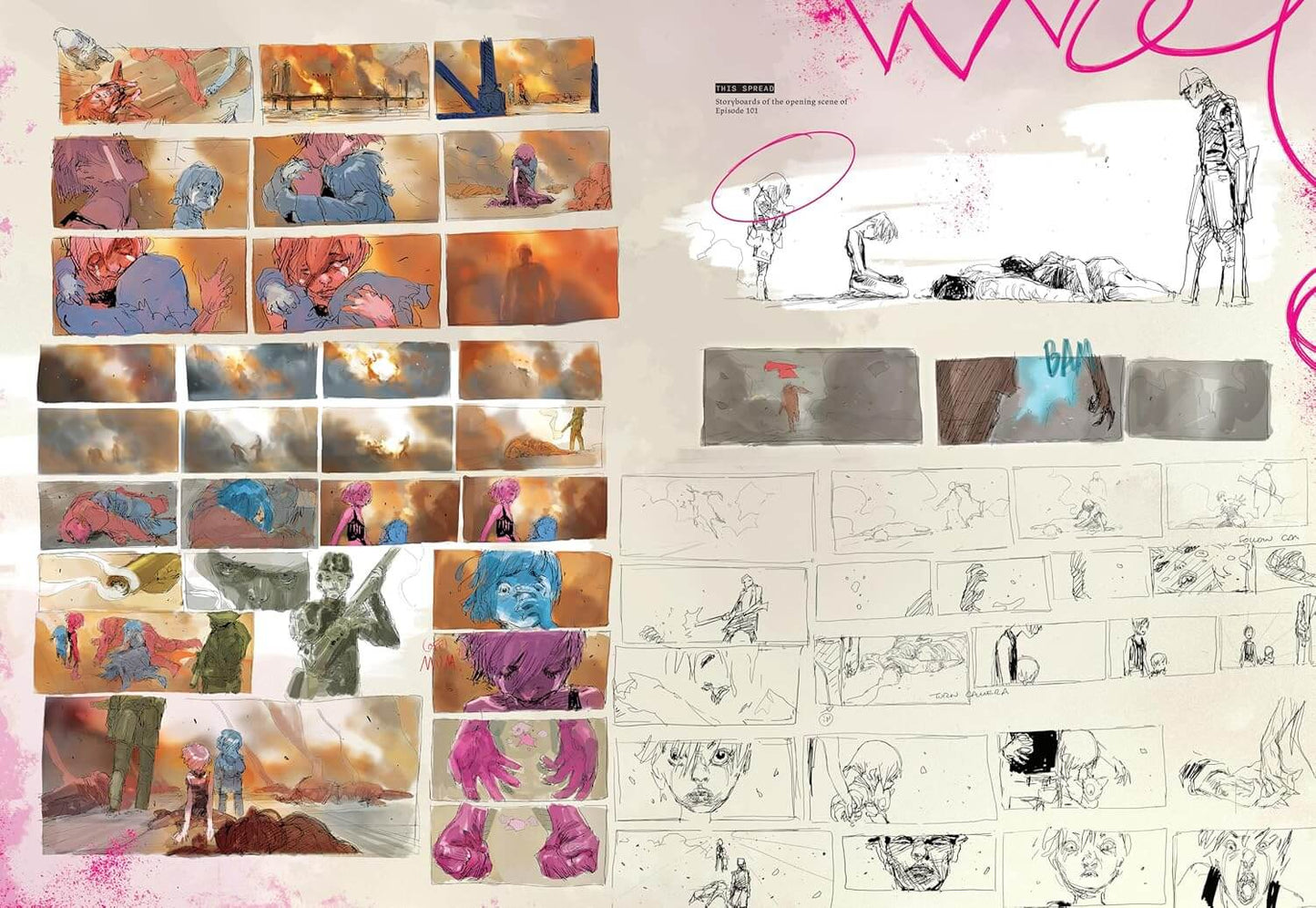A collage-style artwork page showing multiple illustrated panels, character sketches, and storyboard-like drawings on a light background with pink decorative marks.