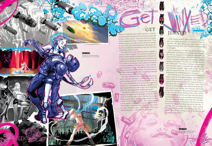 Magazine layout with robot illustration and colorful text design
