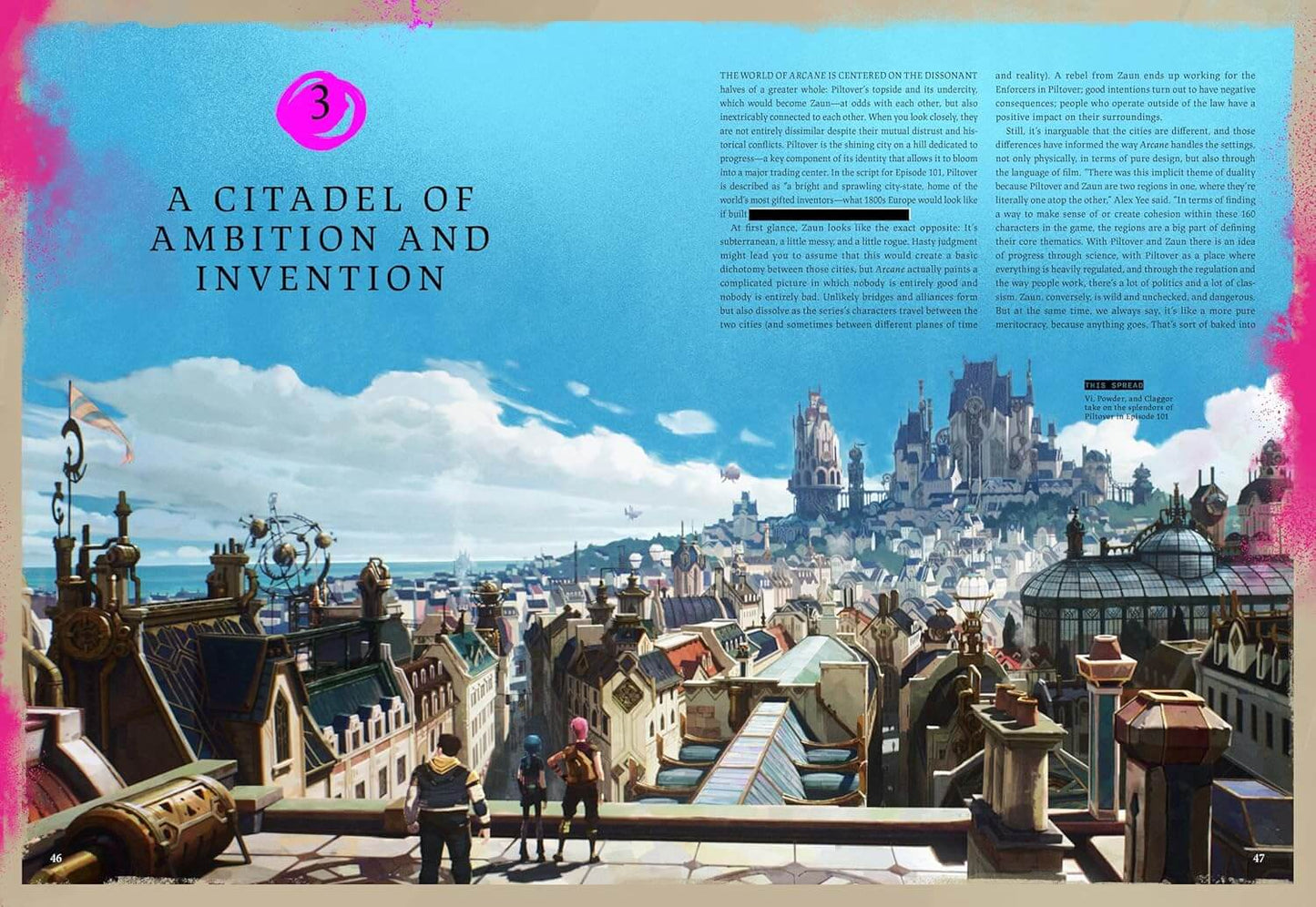 A printed page or poster spread featuring a fantasy cityscape illustration with towers, rooftops, and several small human figures in the foreground. Large title text reads 'A Citadelle of Ambition and Invention,' with columns of smaller text on the right and a pink circular badge with the number 3 at the top left.