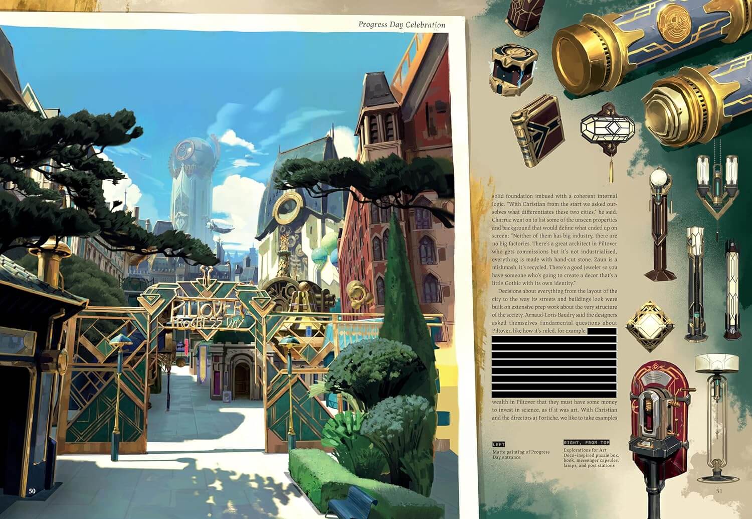 Illustrated cityscape with detailed architecture and street scene, alongside decorative elements on a green background.