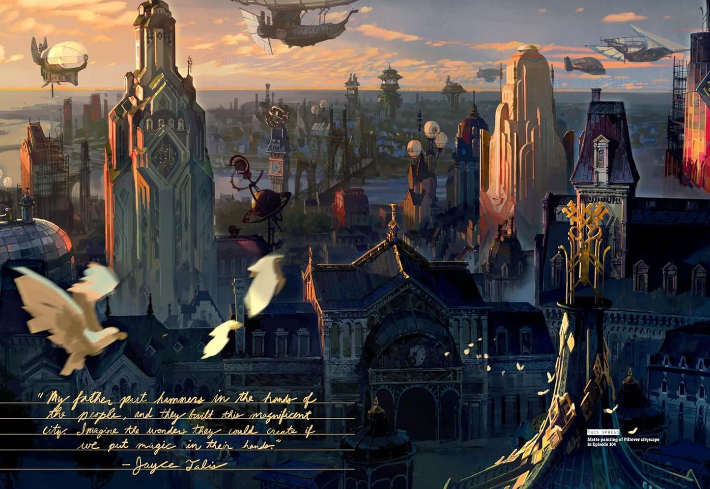 Fantasy cityscape with flying vehicles and architecture, featuring a quote.