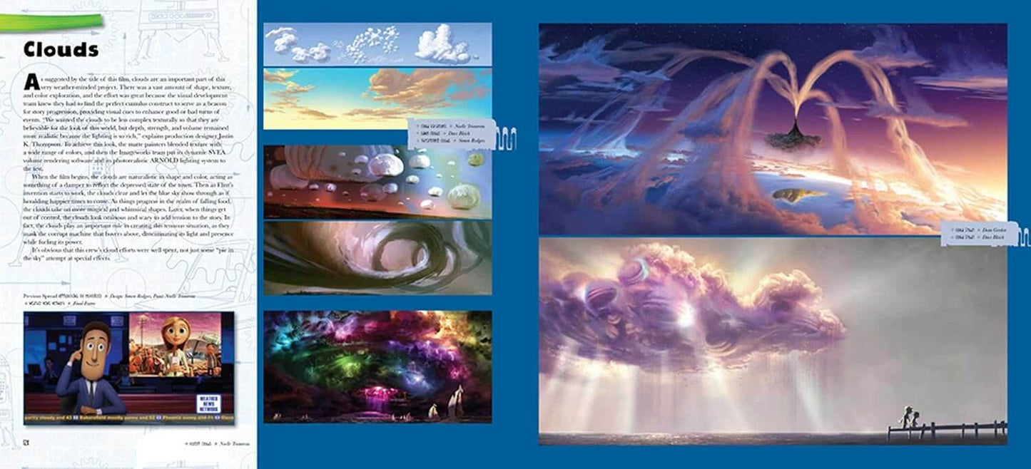 Art book double-page spread illustrating visual development concept art of spaghetti tornadoes and giant food storm environments from Cloudy with a Chance of Meatballs.