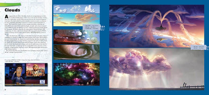 Art book double-page spread illustrating visual development concept art of spaghetti tornadoes and giant food storm environments from Cloudy with a Chance of Meatballs.