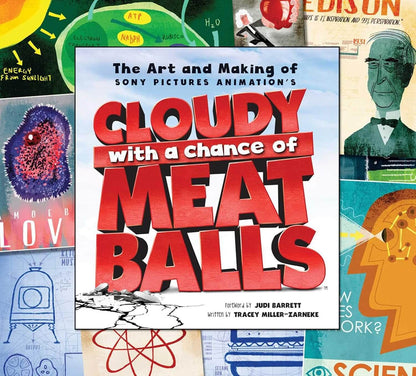 Front cover of the book or album titled "Cloudy with a Chance of Meat Balls" from Sony Pictures Animation, shown centered over a collage of colorful illustrated panels.