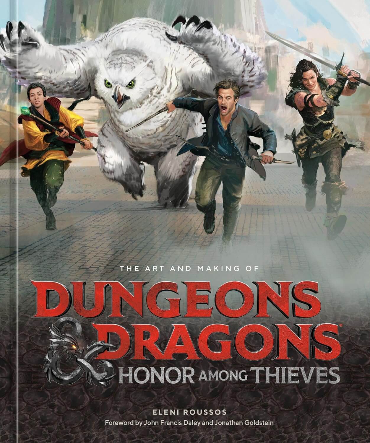 Cover of the book 'Dungeons & Dragons: Honor Among Thieves' featuring an illustration of a white wolf with a man in a yellow jerkin and a woman with a sword in the background, set against a fantasy cityscape background.