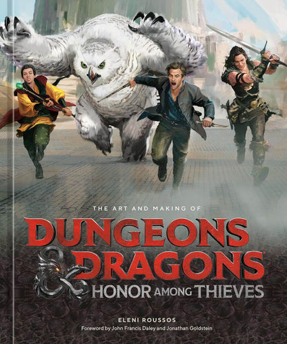 Cover of the book 'Dungeons & Dragons: Honor Among Thieves' featuring an illustration of a white wolf with a man in a yellow jerkin and a woman with a sword in the background, set against a fantasy cityscape background.