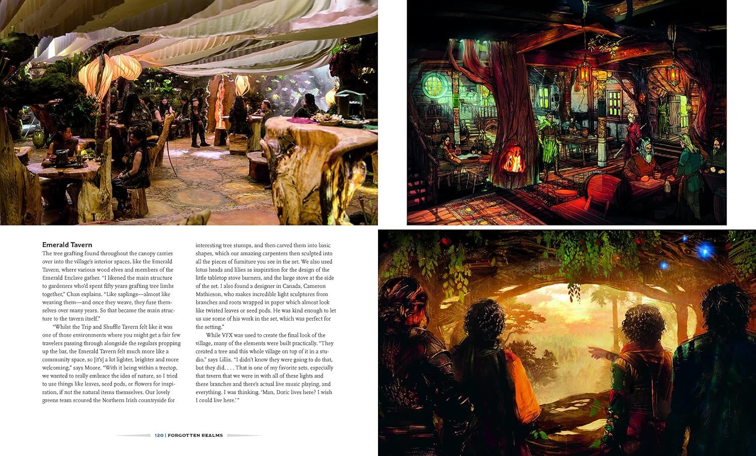A printed page spread showing fantasy artwork and descriptive text. The left column contains paragraphs of text beneath a large illustration of a forest-like interior with draped fabrics and warm light.