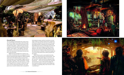 A printed page spread showing fantasy artwork and descriptive text. The left column contains paragraphs of text beneath a large illustration of a forest-like interior with draped fabrics and warm light.