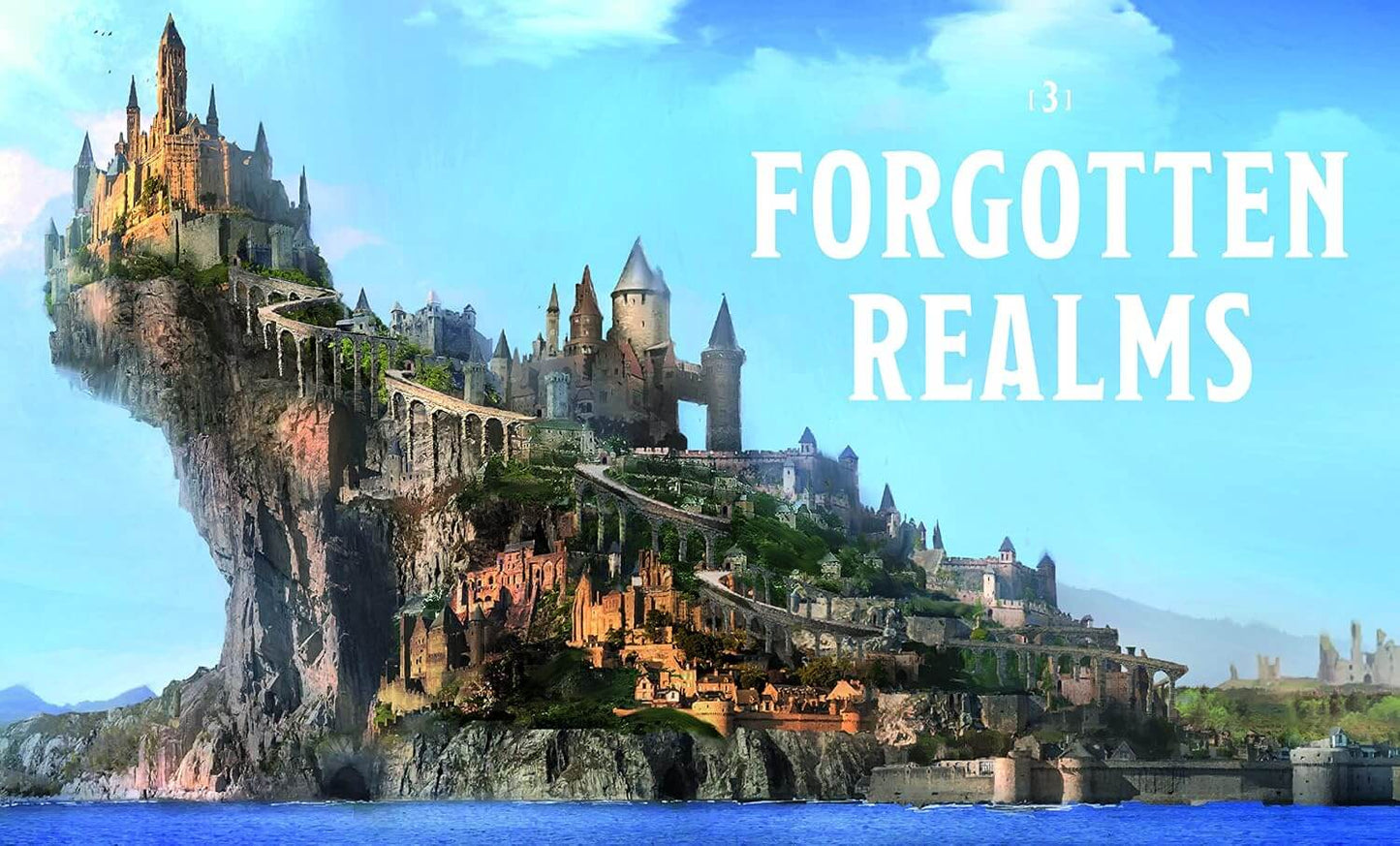 Fantasy landscape artwork showing a large castle complex perched on a steep rocky cliff above blue water, with the text 'FORGOTTEN REALMS' in large white letters on the right.