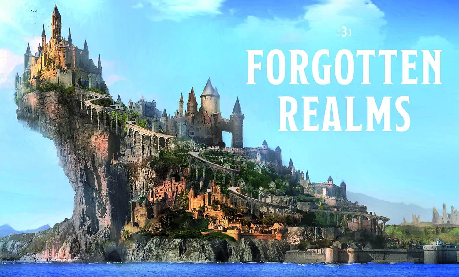 Fantasy landscape artwork showing a large castle complex perched on a steep rocky cliff above blue water, with the text 'FORGOTTEN REALMS' in large white letters on the right.