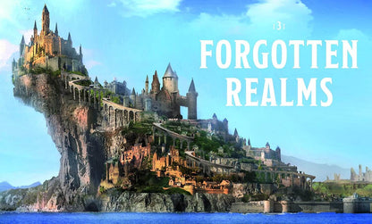 Fantasy landscape artwork showing a large castle complex perched on a steep rocky cliff above blue water, with the text 'FORGOTTEN REALMS' in large white letters on the right.