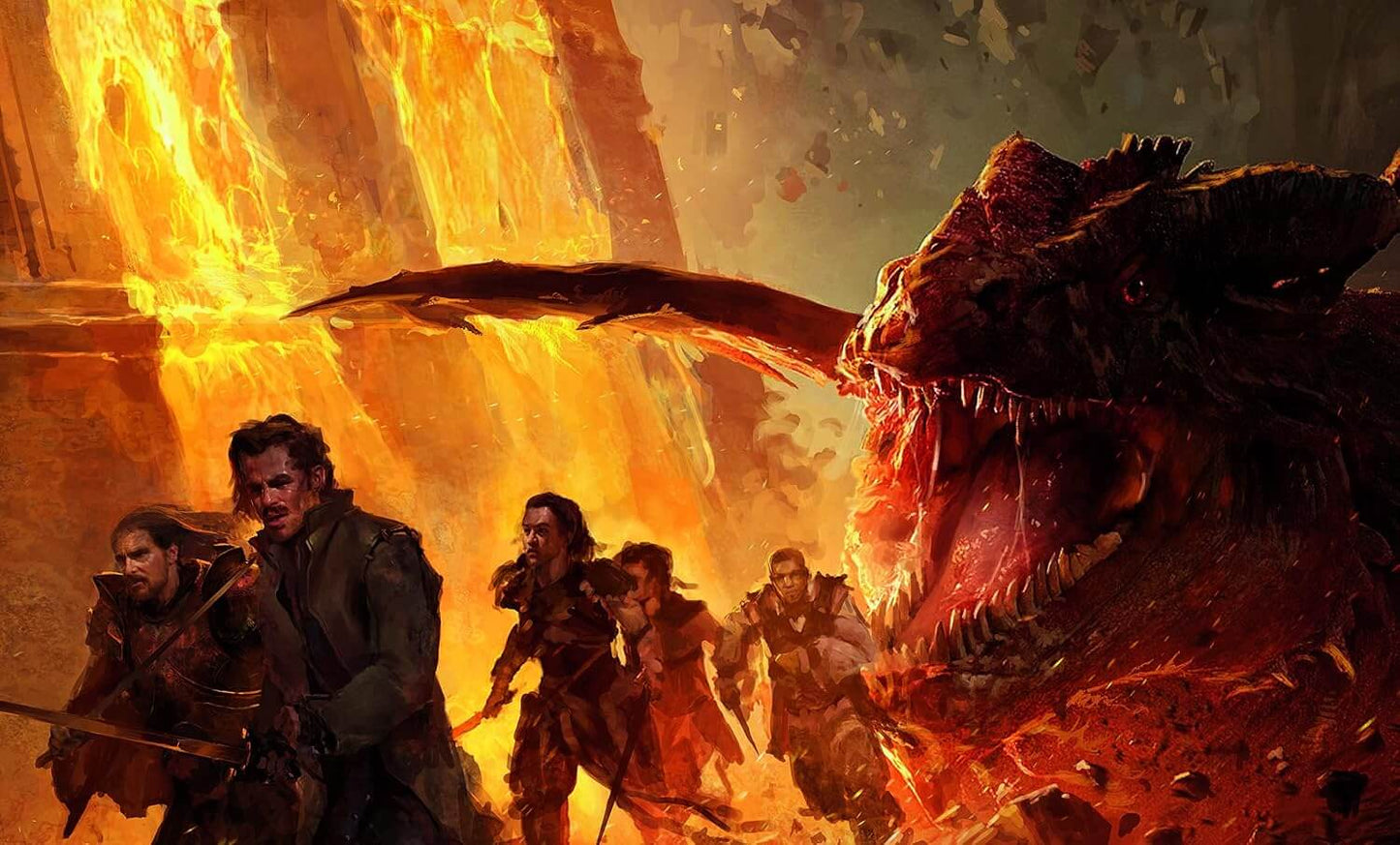 Fantasy artwork showing a group of adventurers facing a large fiery dragon in a glowing lava-like landscape.