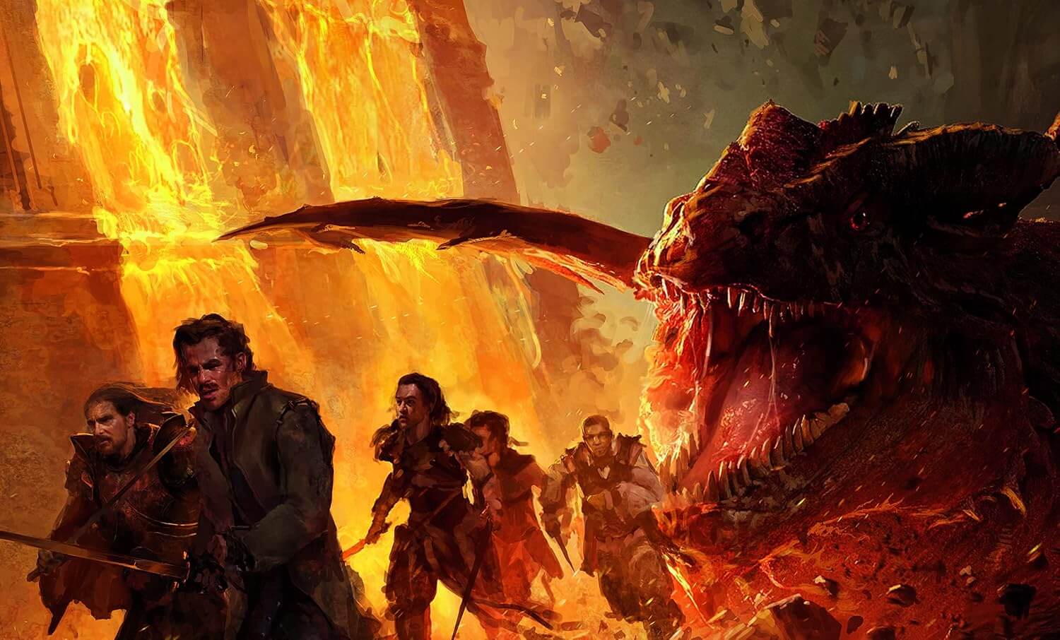 Fantasy artwork showing a group of adventurers facing a large fiery dragon in a glowing lava-like landscape.