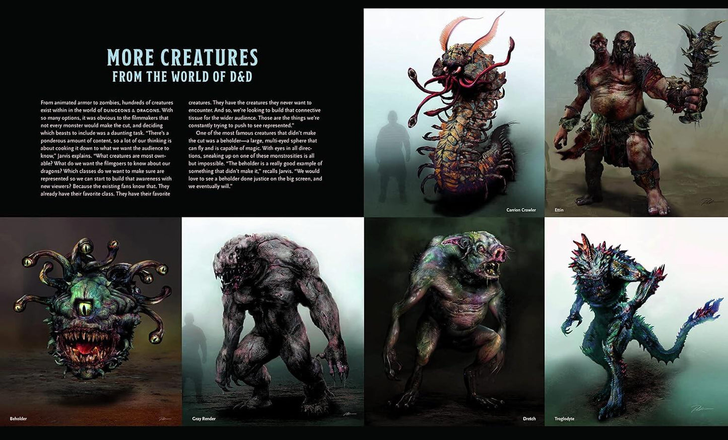 A promotional collage titled "MORE CREATURES FROM THE WORLD OF D&D" showing six fantasy monster concept art illustrations arranged in a grid on a dark background, with descriptive text on the left.