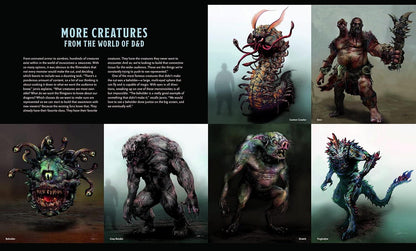 A promotional collage titled "MORE CREATURES FROM THE WORLD OF D&D" showing six fantasy monster concept art illustrations arranged in a grid on a dark background, with descriptive text on the left.