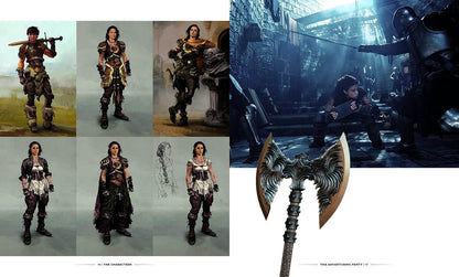 Collage of a character in warrior costume with weapon, set against a dark, action-packed scene.