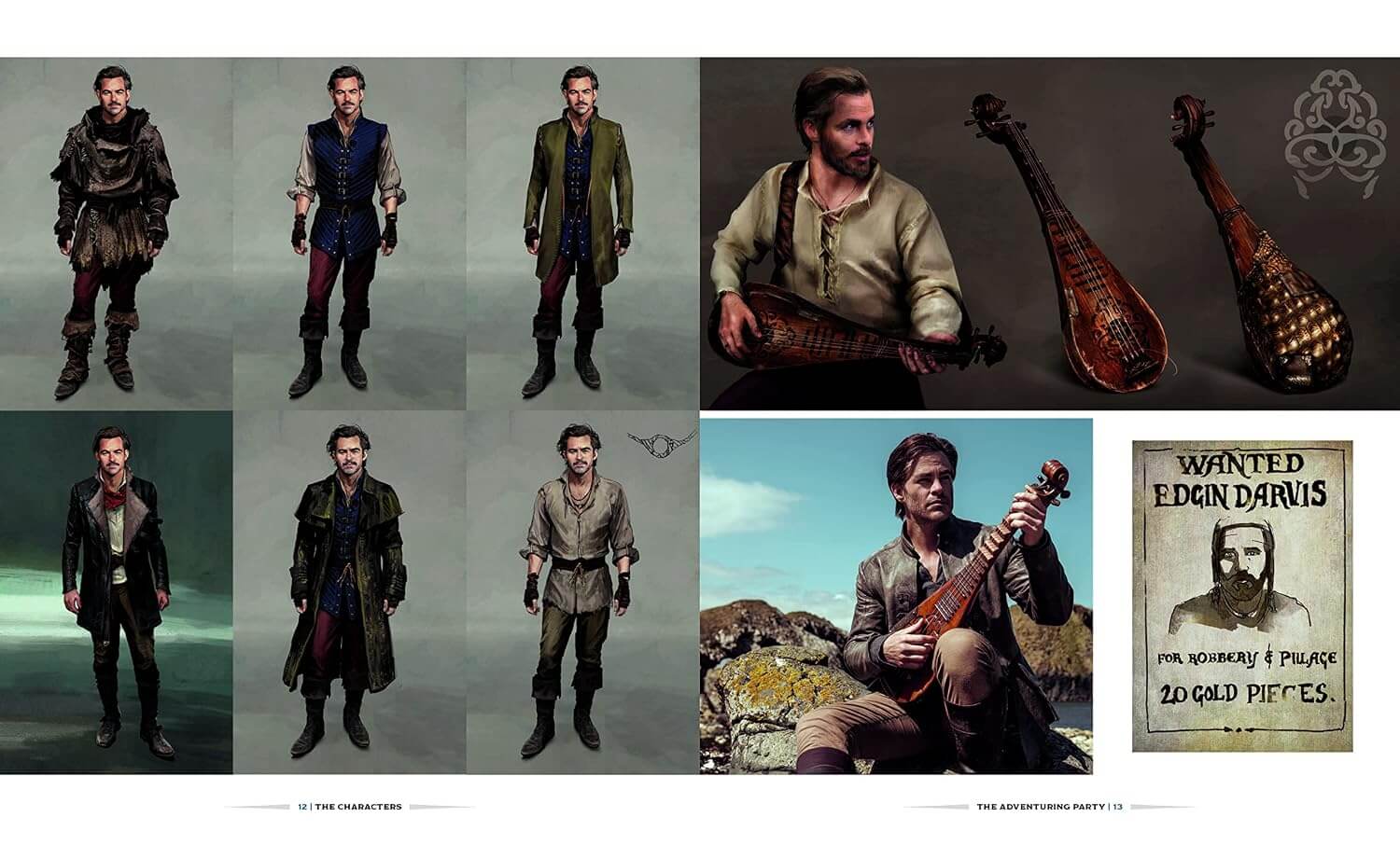 A collage of concept art and character designs featuring a bearded man in medieval-style clothing, shown in multiple poses and outfits. The collage includes full-body character renders, close-up portraits, two stringed musical instruments, and a vintage wanted poster reading 'WANTED EDIN DARIUS'.