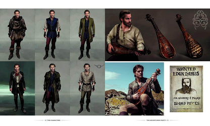 A collage of concept art and character designs featuring a bearded man in medieval-style clothing, shown in multiple poses and outfits. The collage includes full-body character renders, close-up portraits, two stringed musical instruments, and a vintage wanted poster reading 'WANTED EDIN DARIUS'.
