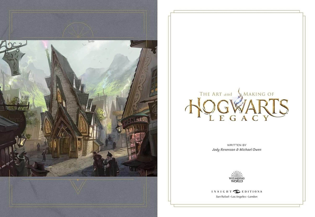 Book cover of 'The Art and Making of Hogwarts Legacy' with a fantasy village illustration.