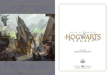 Book cover of 'The Art and Making of Hogwarts Legacy' with a fantasy village illustration.