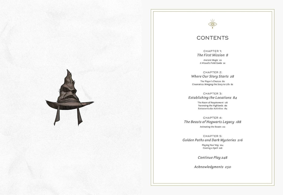 A book or booklet page showing the table of contents on the right, with a black illustration of a pointed hat on a table at left, all on a white background with faint marble texture.