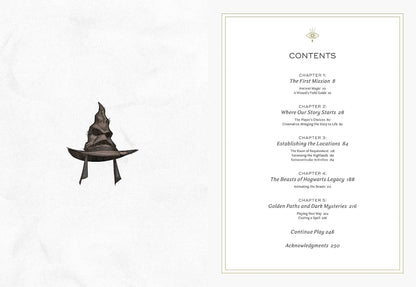 A book or booklet page showing the table of contents on the right, with a black illustration of a pointed hat on a table at left, all on a white background with faint marble texture.