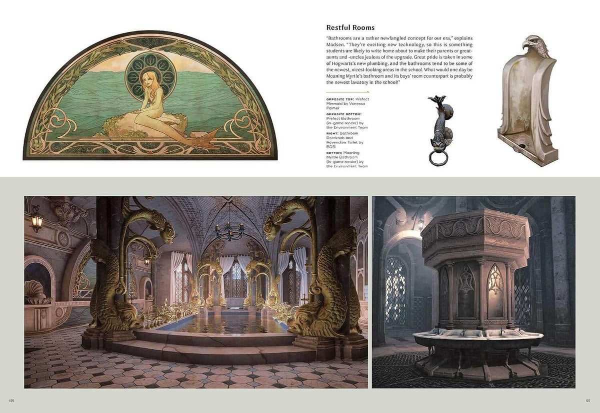 A concept art and design presentation page titled 'Restful Rooms' showing a large decorative archway with a seated female figure, a small sculptural object, a stone plaque, and two interior room renderings of a grand cathedral-like hall with dragon-like statues and a stone pulpit.