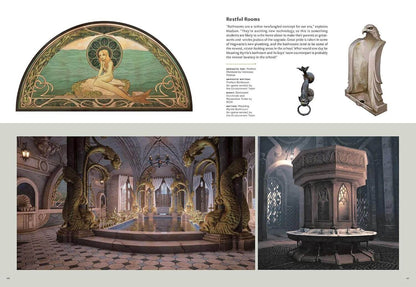 A concept art and design presentation page titled 'Restful Rooms' showing a large decorative archway with a seated female figure, a small sculptural object, a stone plaque, and two interior room renderings of a grand cathedral-like hall with dragon-like statues and a stone pulpit.