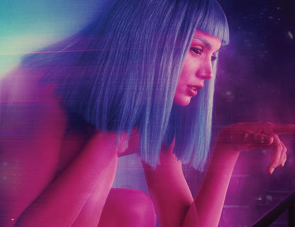 A person with a short, straight, shoulder-length bob wig in a vivid periwinkle blue color, styled with matching bangs. The image is heavily stylized with neon pink and purple lighting, and has a glitch-art aesthetic.