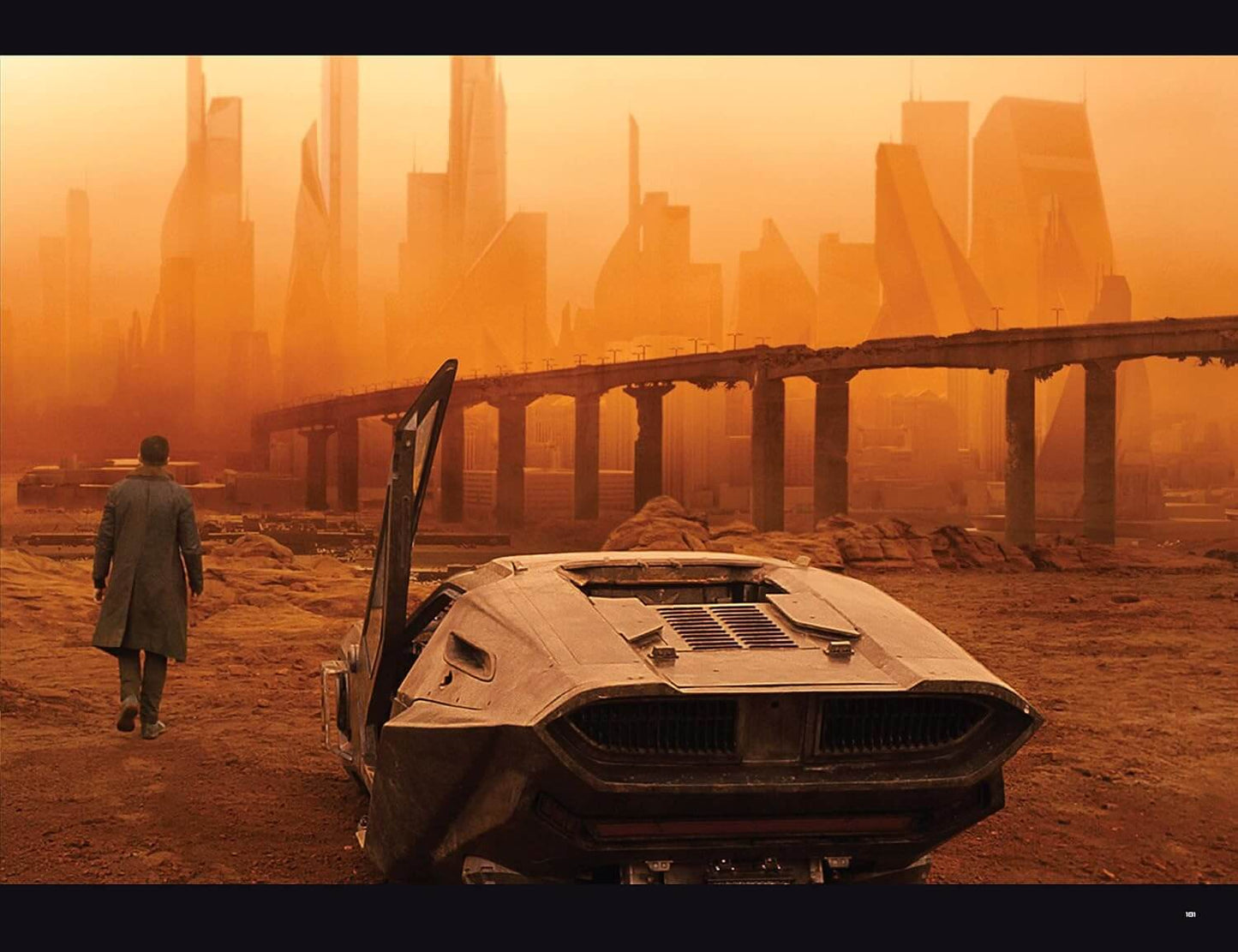 Person walking towards a futuristic car in a dystopian cityscape with orange hue