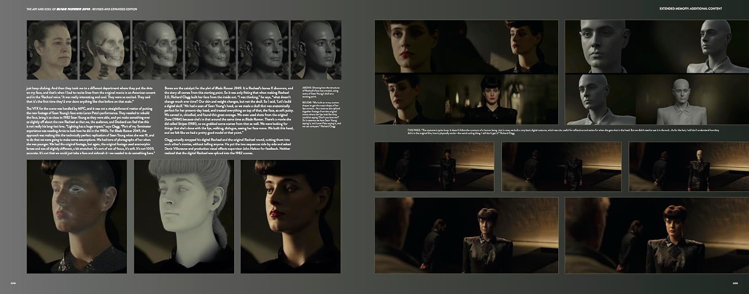 A two-page spread from a dark-themed portfolio or book, featuring multiple grayscale and cinematic portrait renderings of a man, along with blocks of text on a dark gray background.