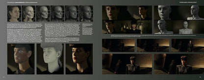 A two-page spread from a dark-themed portfolio or book, featuring multiple grayscale and cinematic portrait renderings of a man, along with blocks of text on a dark gray background.