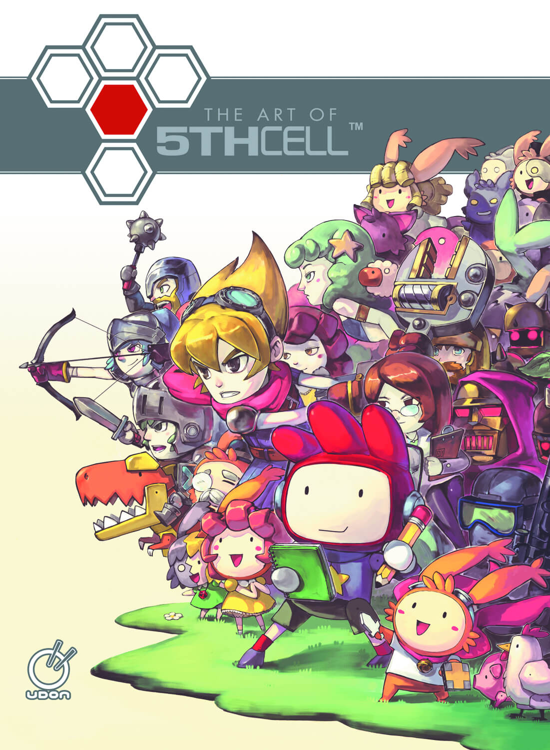 Front cover artwork for 'The Art of 5th Cell' featuring a large group of colorful anime-style characters and robots on a cream background, with the 5th Cell logo at the top and a Udon publisher mark at the bottom left.