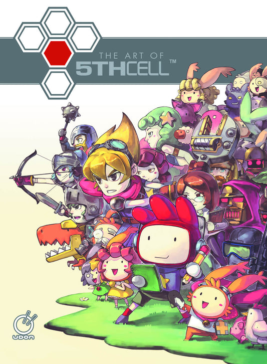 Front cover artwork for 'The Art of 5th Cell' featuring a large group of colorful anime-style characters and robots on a cream background, with the 5th Cell logo at the top and a Udon publisher mark at the bottom left.