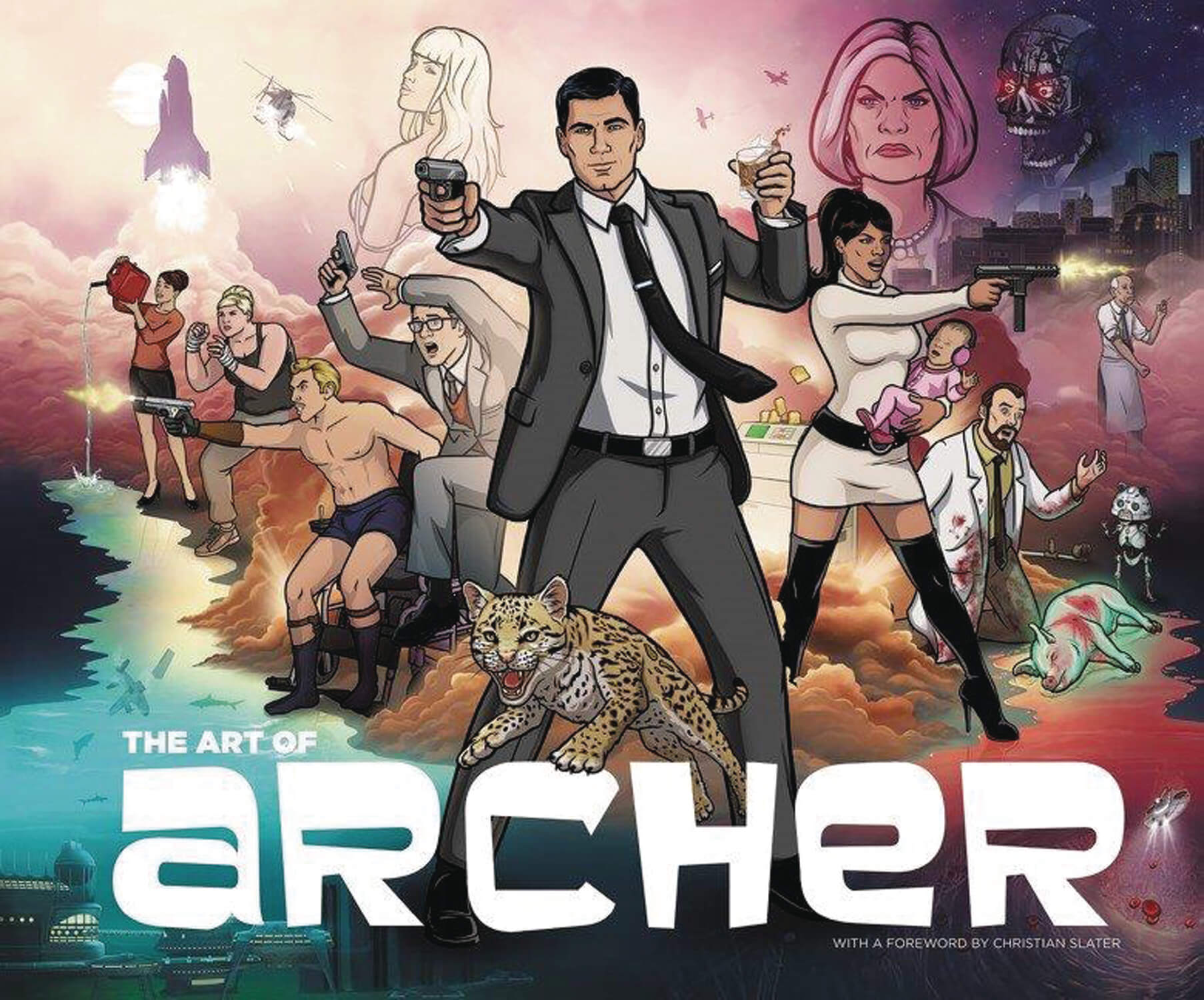 Cover of 'The Art of Archer' book featuring various characters from the animated series Archer, with a central character holding a gun and drinking, surrounded by other characters in various poses and costumes.