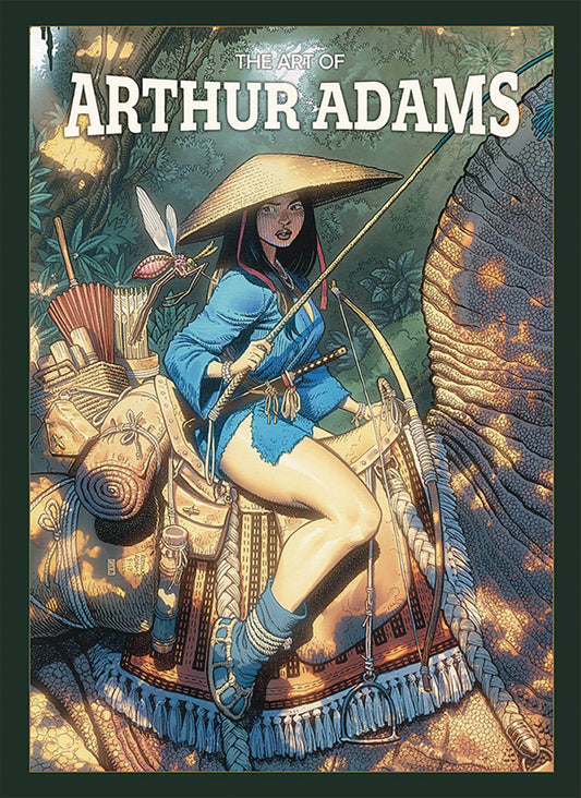 Cover of 'The Art of Arthur Adams' book featuring an illustrated character on horseback, with a forest and elephant in the background.