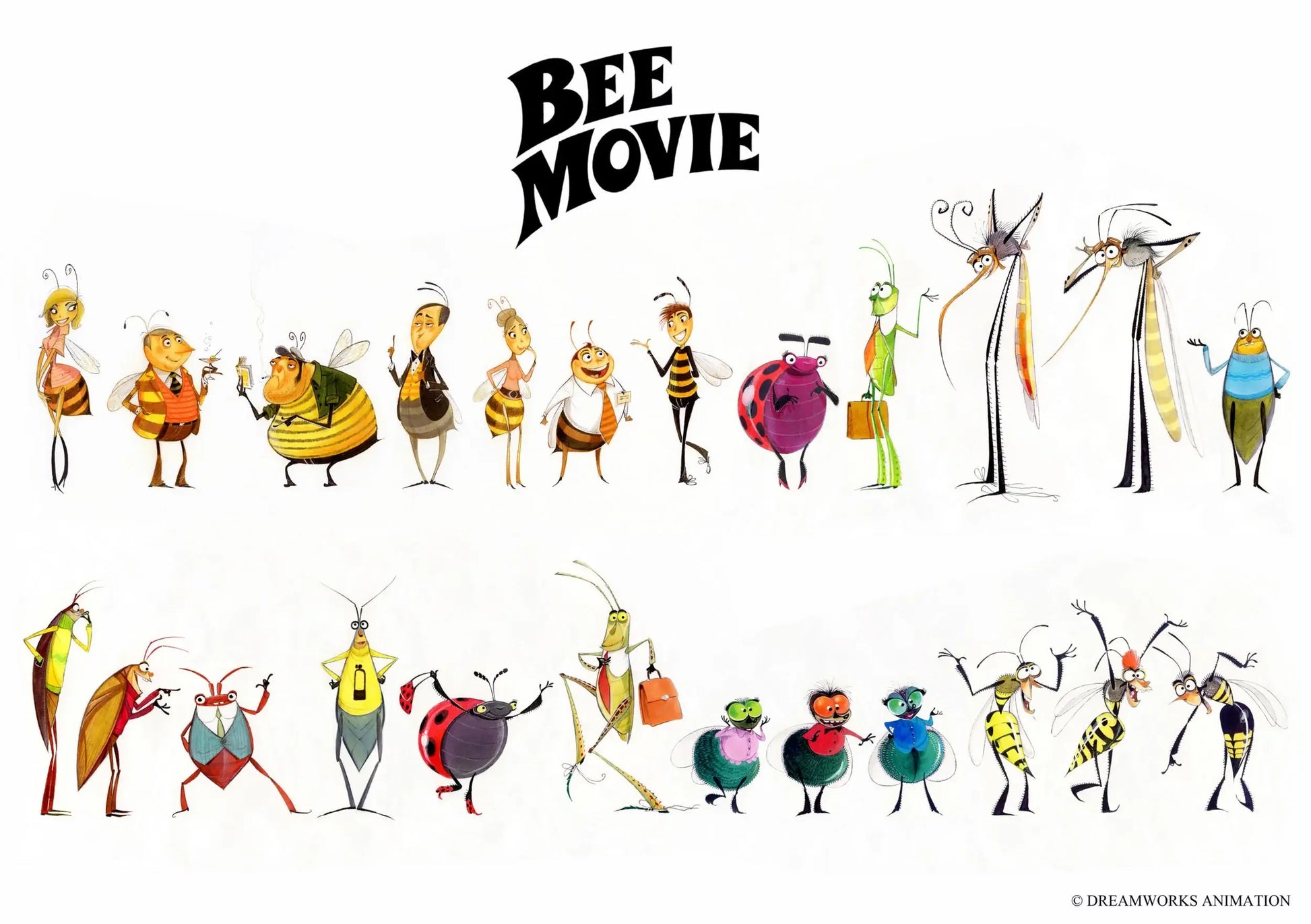 A character lineup poster for 'BEE MOVIE' featuring hand-drawn insect and bee characters on a white background, with the title 'BEE MOVIE' at the top and a DreamWorks Animation copyright mark at the bottom right.
