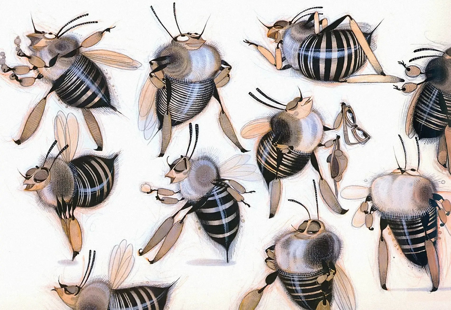 A whimsical illustration featuring multiple cartoon bumblebees in various playful poses, rendered in black, white, gray, and warm tan tones on a plain white background.