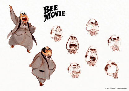 Animation character concept sheet for 'BEE MOVIE' featuring a cartoon bird character in a gray suit shown in multiple poses and facial expressions on a white background.