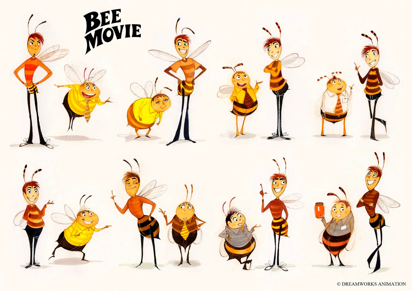 A sheet of cartoon bee character designs with the title 'BEE MOVIE' at the top, shown on a plain light background. The artwork includes multiple stylized bees in different poses and outfits, with DreamWorks Animation copyright text at the bottom right.