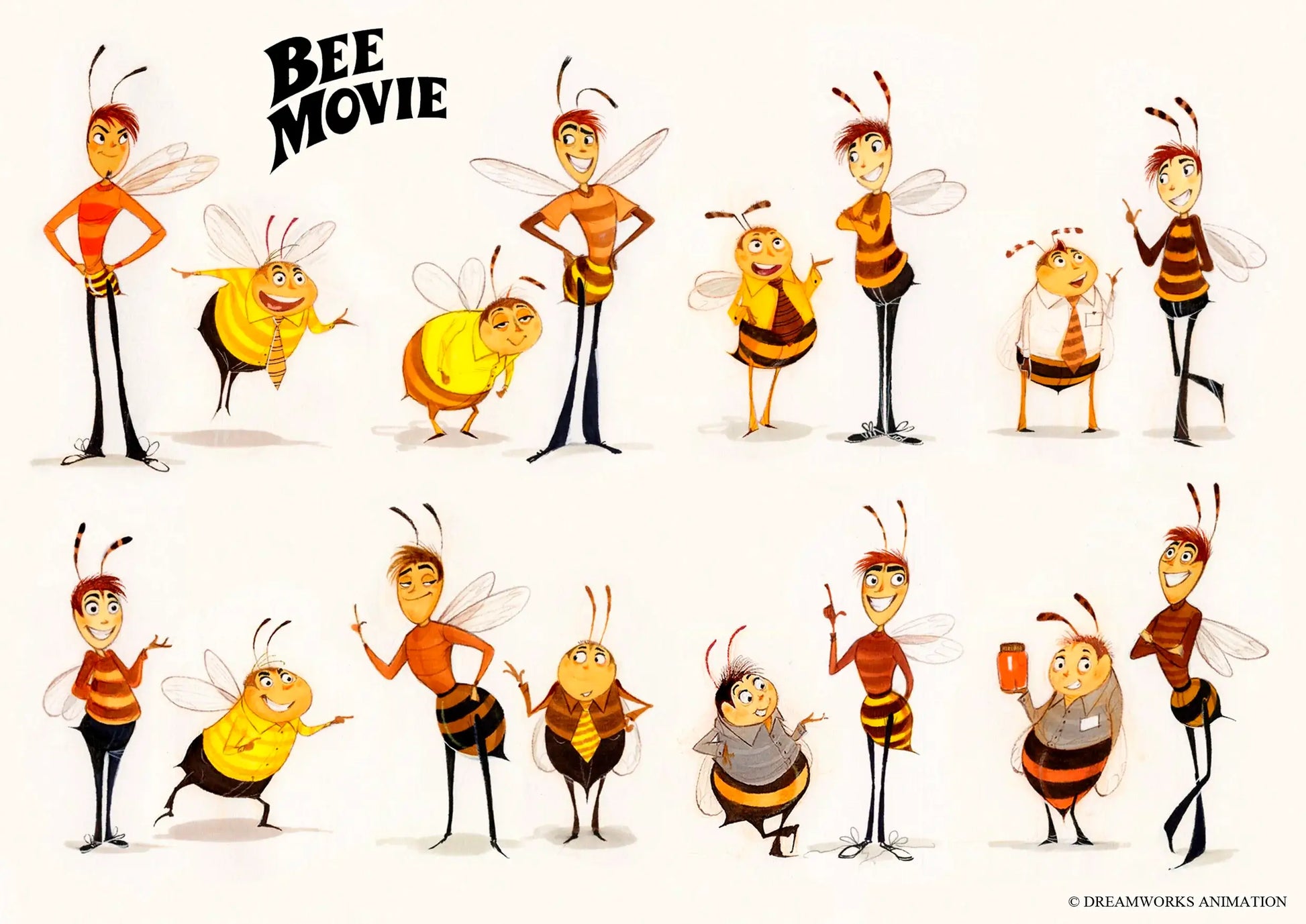 A sheet of cartoon bee character designs with the title 'BEE MOVIE' at the top, shown on a plain light background. The artwork includes multiple stylized bees in different poses and outfits, with DreamWorks Animation copyright text at the bottom right.